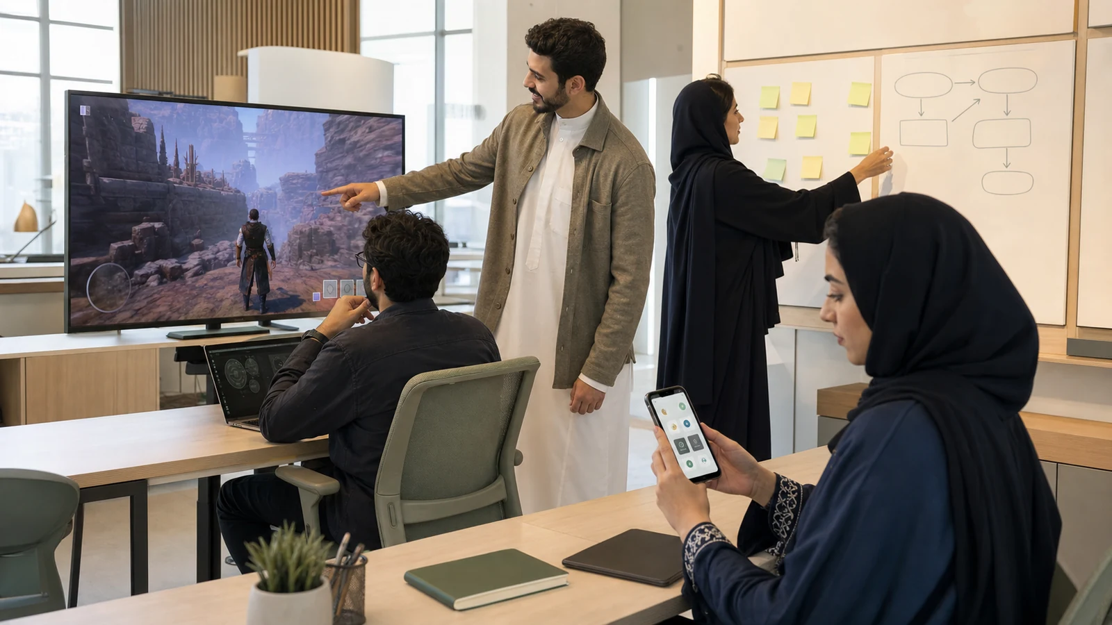 A Saudi team reviewing a game experience and app flow in the studio