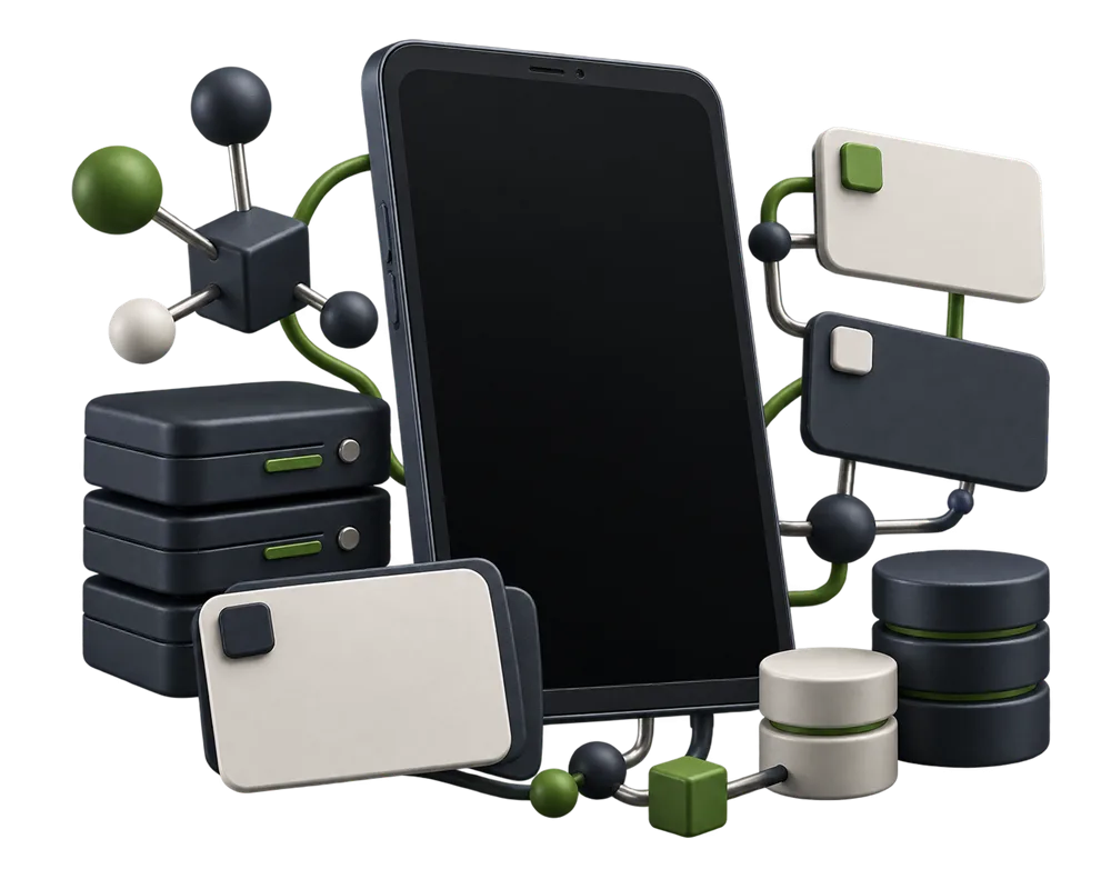 A visual composition of a phone and connected modules for a digital product
