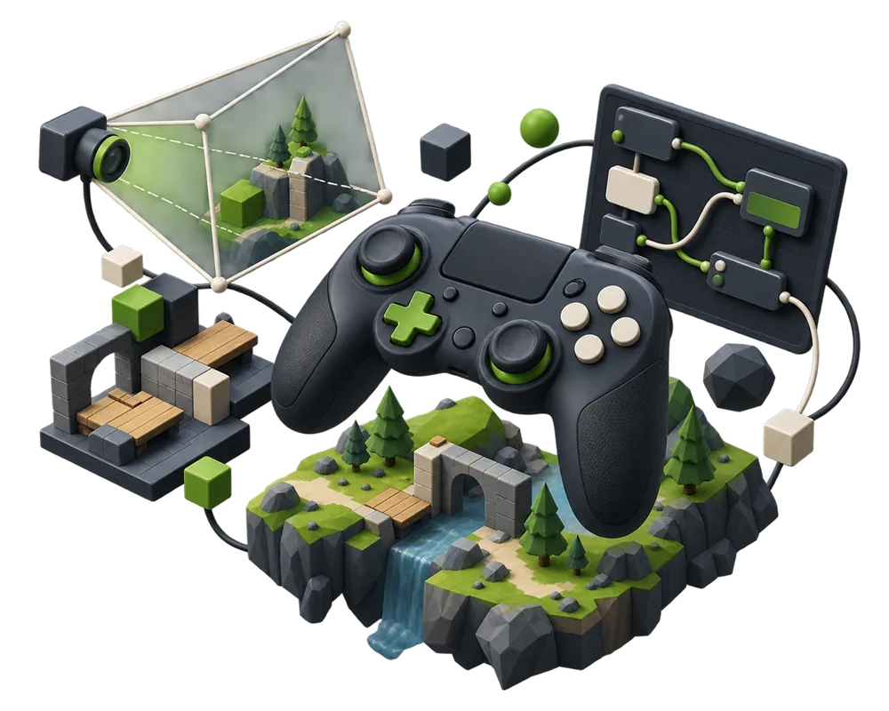 A visual composition of a controller and a game world in development