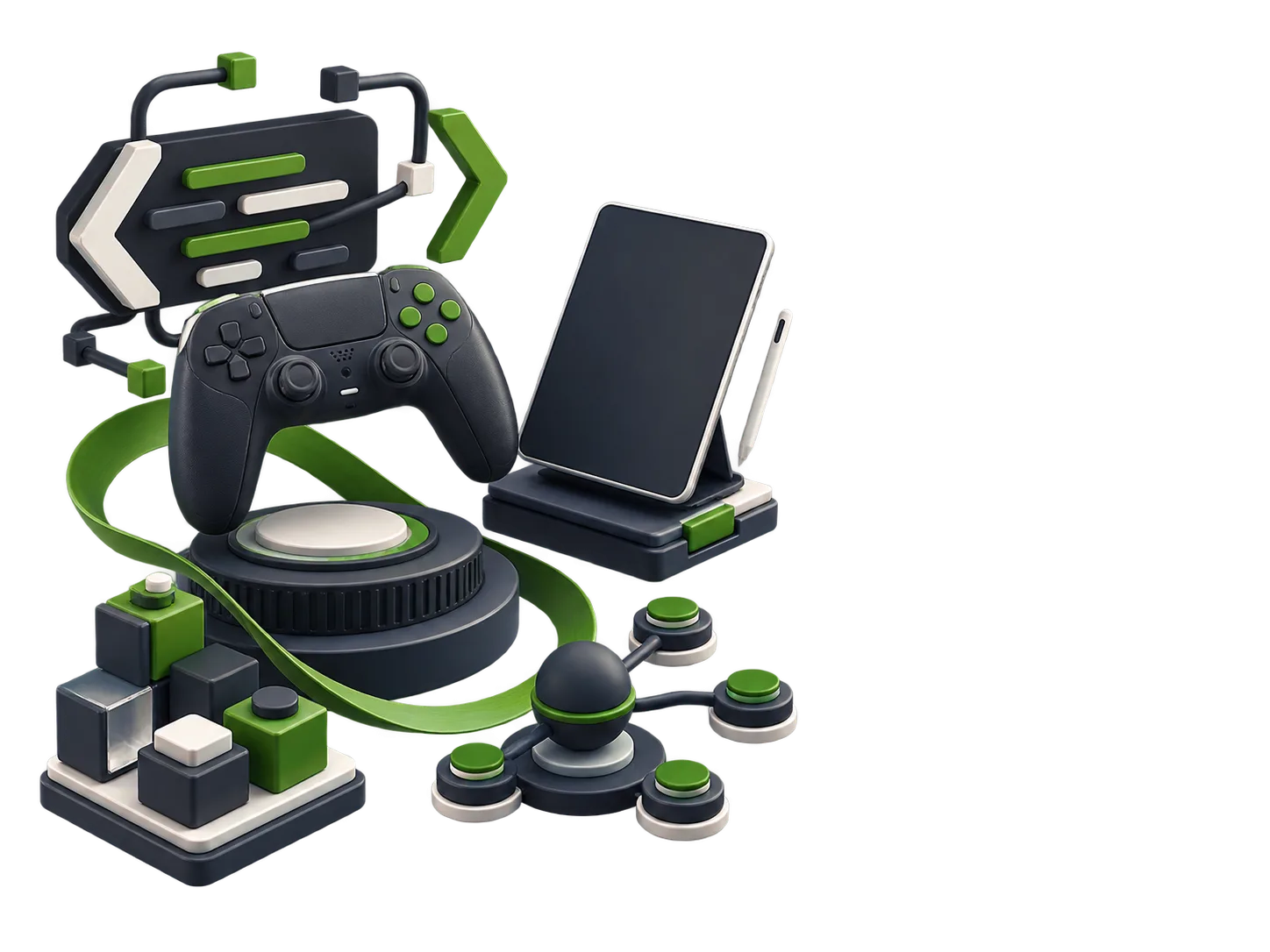 A visual composition connecting game development, digital products, and operations