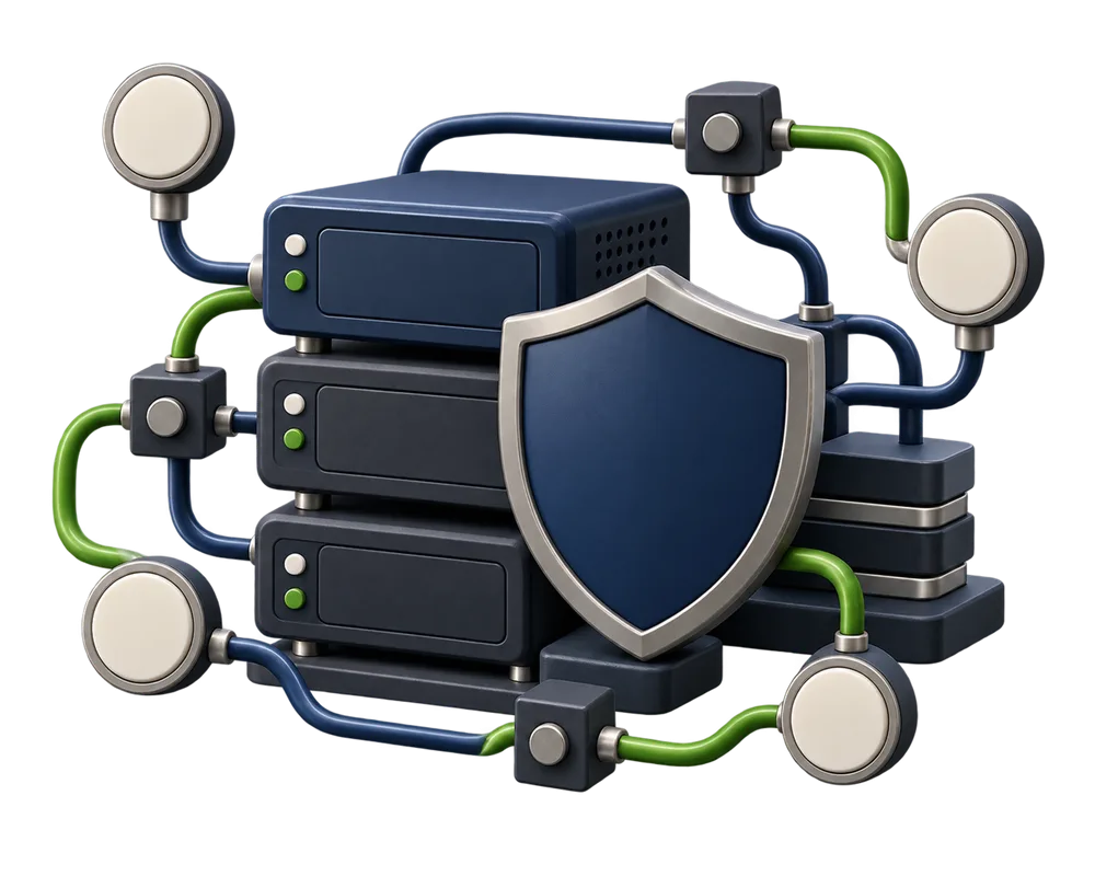 A visual composition of protected servers and a connected operations flow