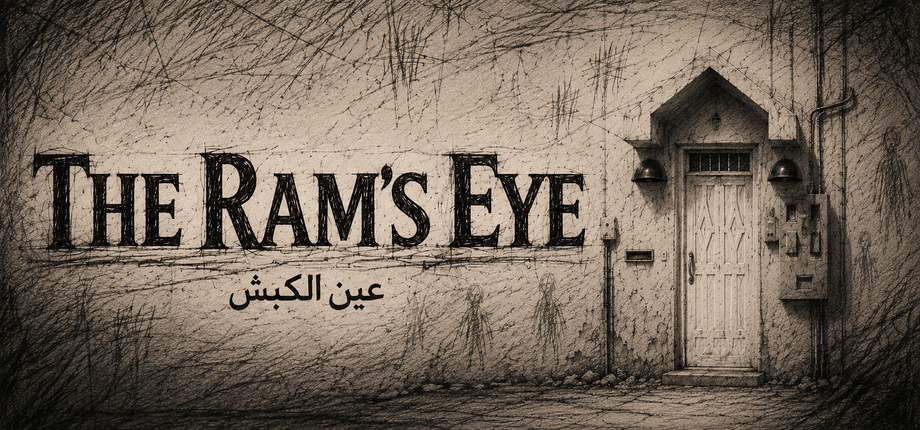 رسم بقلم رصاص لجدار بيت سعودي قديم وباب حديد مع عنوان THE RAM’S EYE عين الكبش