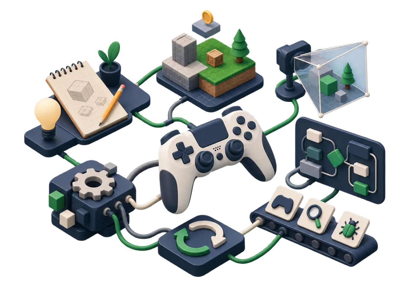 Elements representing a game development path from prototype to testing
